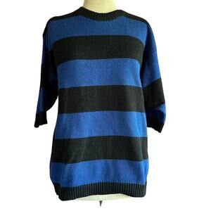 Vintage Sweater Womens Size Small Blue Black Striped Batwing Retro 80s Twee Indy